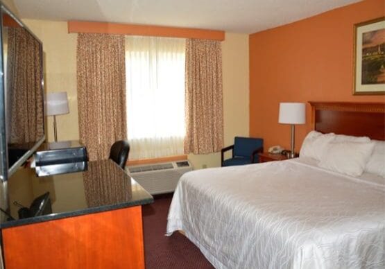 A hotel room with a bed, desk and chair.